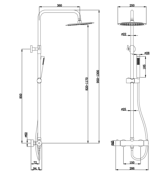 Dusjsett m/termostat Ø250 mm messing